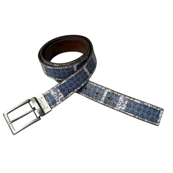 Robert Graham Reversible Leather Belt Mens Blue Art Brown Silver Buckle 41-45in - Picture 1 of 11